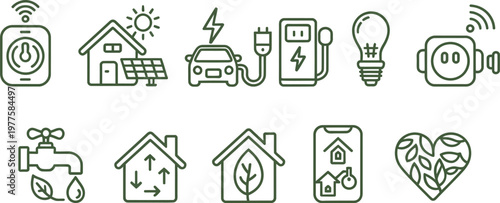 Eco Friendly Energy Line Icon Set Featuring Renewable and Sustainable Power Symbols, Green Energy Elements, Solar, Wind, Recycling Icons, Clean Outline Vector Illustration Collection