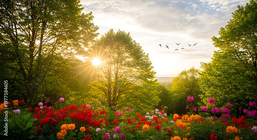 A beautiful golden sunset glowing behind lush green trees and a vibrant field of blooming flowers illustration