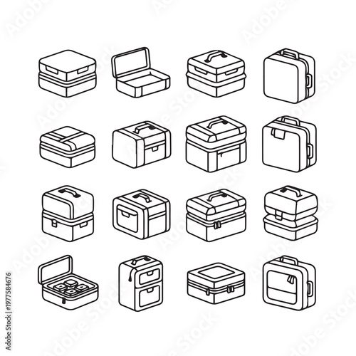 Various Luggage Styles Isometric Line Art Travel Accessory Collection Clean Vector Graphics