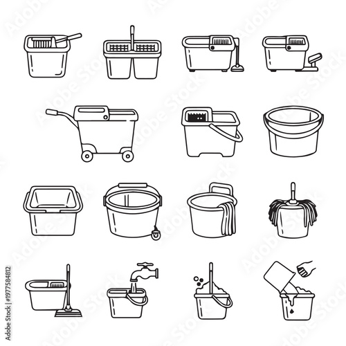 Various Mop Buckets and Cleaning Tools Illustrated Collection Line Art Style