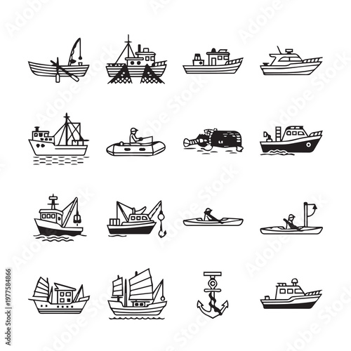 Various Nautical Vessels Collection Hand-Drawn Icons Simple Marine Transportation Set White Background Line Art Style