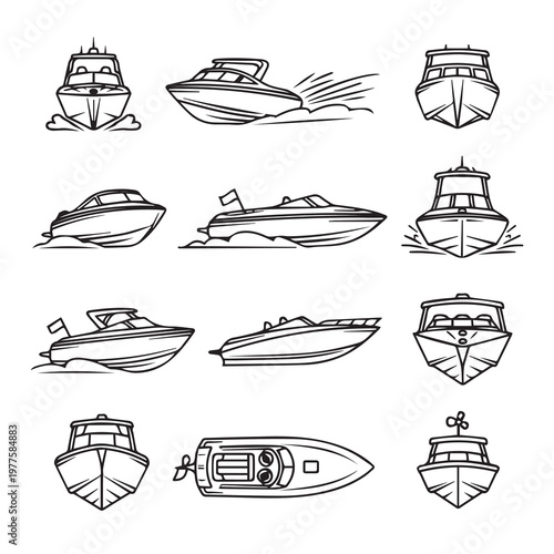 Various Motorboats Illustrated in Line Art Style Showing Diverse Angles and Motion
