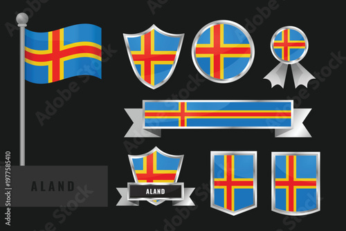 A professional set of land national flag emblems. Includes shields, badges, ribbons, and circular icons in blue, yellow, and red with silver borders. Perfect for regional patriotic designs.