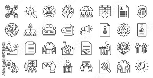 Human resources outline icon set. Contain employee engagement, employee retention, workforce planning, training development, compensation benefits, recruitment process, organizational development