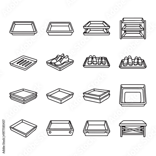 Various Shoe Racks and Trays Line Art Collection Against White Background