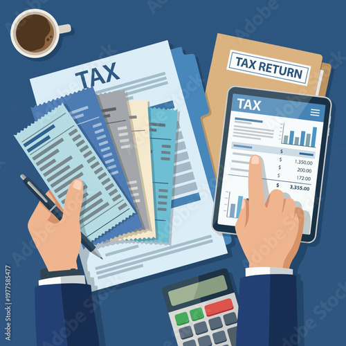 This image showcases tax documents, a calculator, and a tablet displaying tax return data, emphasizing the importance of organization in tax preparation during tax season.