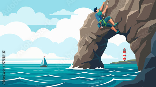This breathtaking image captures a climber scaling a rocky cliff overlooking the ocean, highlighting adventure, determination, and the beauty of nature in outdoor sports.