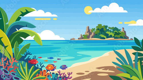 A serene tropical island scene featuring clear blue waters, vibrant coral reefs, and lush greenery, representing tranquility, relaxation, and the beauty of nature's paradise.