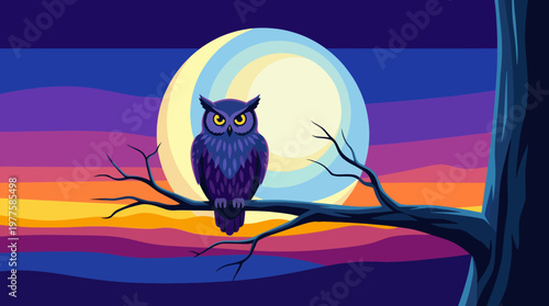 This striking image depicts an owl perched on a tree branch under a full moon, symbolizing wisdom, mystery, and the beauty of the night sky and nature's nocturnal essence.