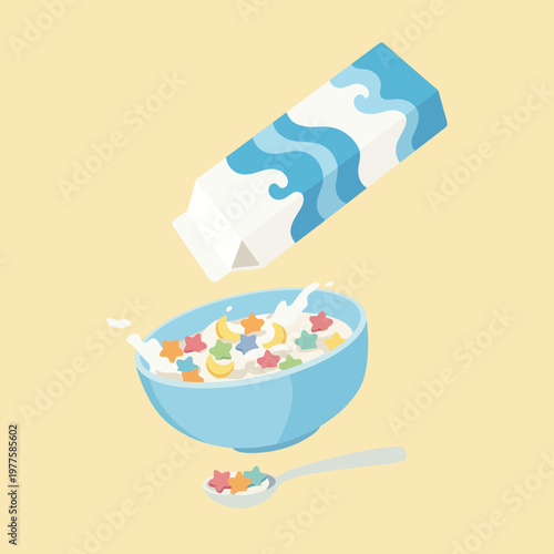A vibrant bowl filled with star-shaped cereal being poured with milk, creating a fun and cheerful breakfast scene that evokes childhood nostalgia.