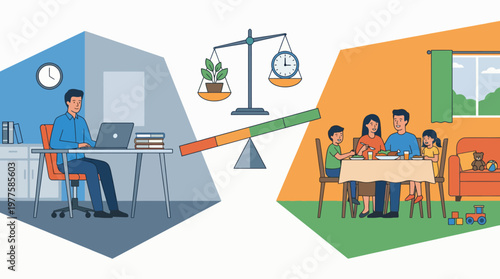 An engaging illustration showing a man balancing work and family life, highlighting the importance of harmony between personal and professional responsibilities.