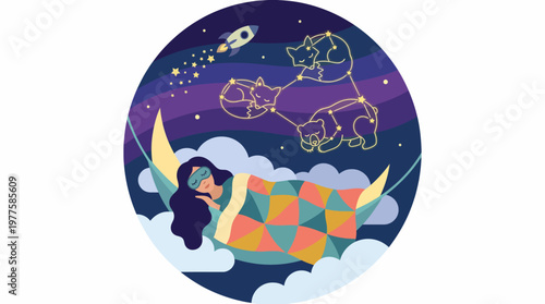 A serene illustration depicting a woman sleeping under a starry night sky, surrounded by constellations and space elements for a dreamy atmosphere.