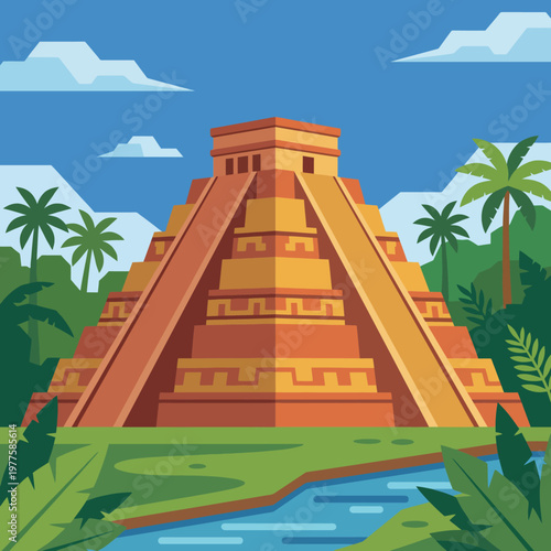 A vibrant illustration of a majestic ancient pyramid amidst a tropical landscape, symbolizing rich cultural history and architectural marvel in a serene environment.