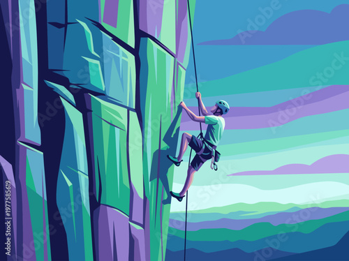 A climber skillfully ascends a vibrant mountain face, showcasing determination and strength against a stunning colorful backdrop that inspires adventure and exploration.