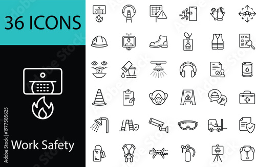 Work Safety Icons Set - 36 Line Icons for Occupational Health, Emergency, PPE, Construction & Industrial Safety - Vector Illustration for Web & Design Projects