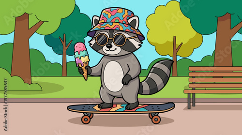 A cartoon raccoon wearing sunglasses and a bucket hat skates joyfully in a colorful park while holding an ice cream cone, embodying fun and carefree childhood moments.
