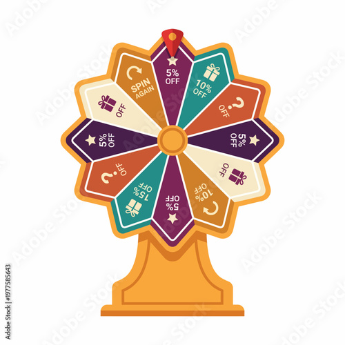 A vibrant spin wheel showcasing various discount offers creates an inviting atmosphere for customers, stimulating excitement and engagement in a shopping environment.