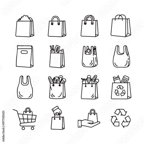 Various shopping bags and recycling symbol in simple line art style