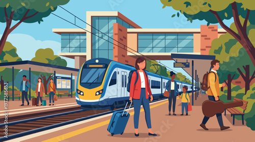 A bustling train station captures the movement of travelers navigating their journeys, highlighting daily urban life and the connectivity that transport provides in society.