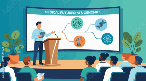 This image captures a professional presenter discussing AI and genomics in medicine, highlighting future trends with engaging visual elements for informative purposes.