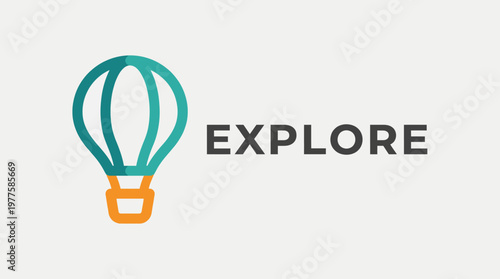 A whimsical hot air balloon graphic with the word 'EXPLORE' emphasizes themes of adventure, travel, and discovery in a colorful and engaging graphic style.