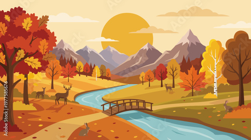An enchanting autumn landscape with vibrant foliage, mountains, and gentle wildlife, showcasing nature's beauty during the fall season in a picturesque setting.