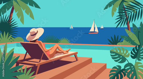 A serene illustration of a person lounging poolside, with a beautiful ocean view featuring sailboats, evoking feelings of relaxation and a tranquil vacation atmosphere.