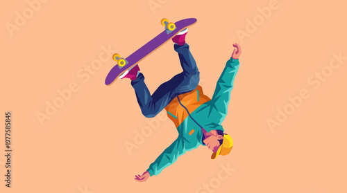 A dynamic illustration of a skateboarder executing a trick in an energetic and colorful urban setting, showcasing youth culture and sports enthusiasm.