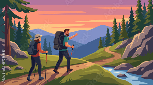 This image captures two hikers on a scenic trail amidst mountains and trees, symbolizing adventure, exploration and the beauty of nature in outdoor activities.