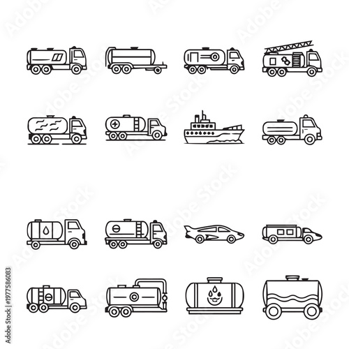 Various Tanker Vehicles and Watercraft Icons in Outline Style for Logistics and Transportation Concepts