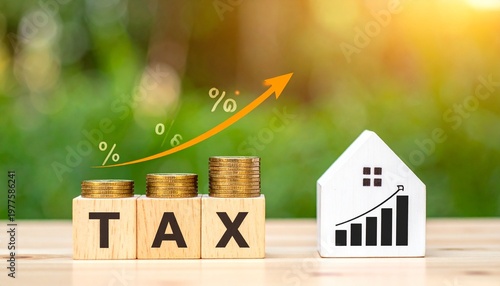 Real Estate Property Tax Increase Concept with Growing Coin Stacks