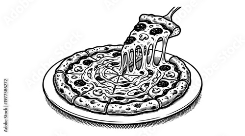 Hand-drawn pizza vector illustration, black and white line art of cheesy pizza slice being lifted, Italian restaurant menu graphic element