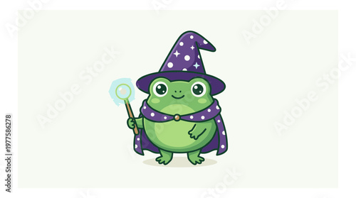 Kawaii frog wizard vector illustration, cute green toad wearing purple magic hat and cape, whimsical fantasy animal character with glowing wand