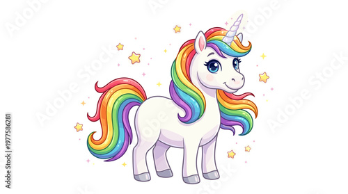Cute magical unicorn vector illustration, white mythical creature with rainbow mane and tail, whimsical fantasy animal with gold stars on white background