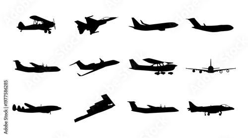Airplane silhouette vector set, 12 aircraft icons including fighter jets and commercial planes, black aviation shapes for travel and military design