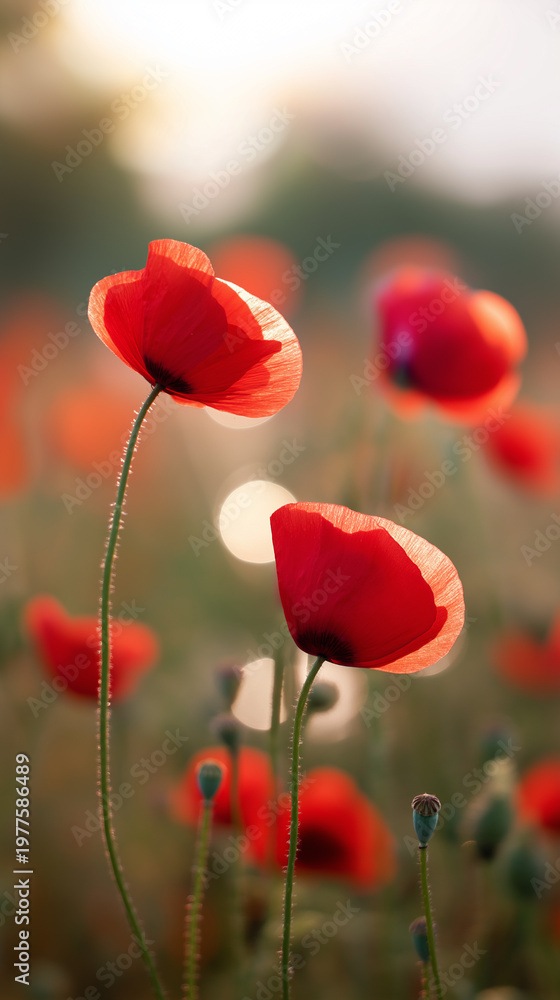 Naklejka premium Red poppy flowers blooming under blue sky in sunlight representing nature, spring and vibrant floral landscape.