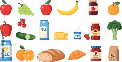 Healthy food collection with fruits vegetables dairy bread and jam jars cartoon vector illustration set isolated on white