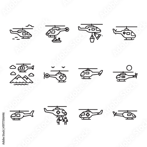Vector Icons of Helicopters in Various Scenarios and Operations