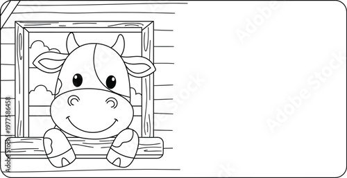 Cute baby cow looking through barn window coloring page with copy space