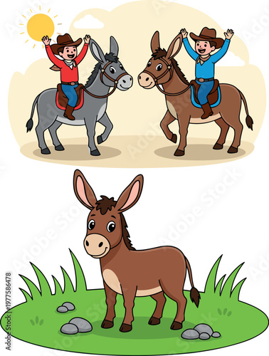 Donkey cartoon illustration with cowboy riders scene and cute farm animal character standing on grass vector collection