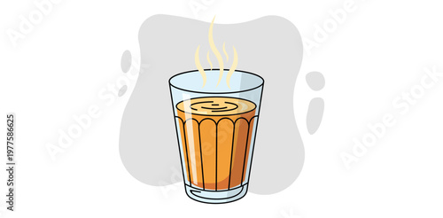 A steaming glass of tea sits alone on a plain background