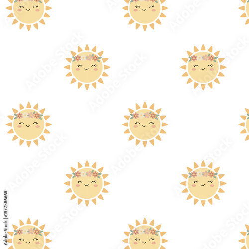 A cute pattern featuring a beautiful, smiling summer sun wearing a flower crown