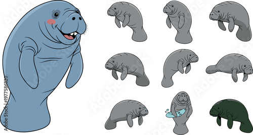 Cute manatee cartoon set with different poses, sea cow marine animal illustration collection