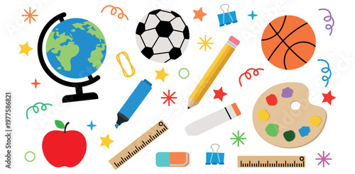 A colorful illustration of various school supplies and objects on a white background