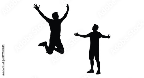 Two men jumping with arms raised celebrating a joyful moment silhouette