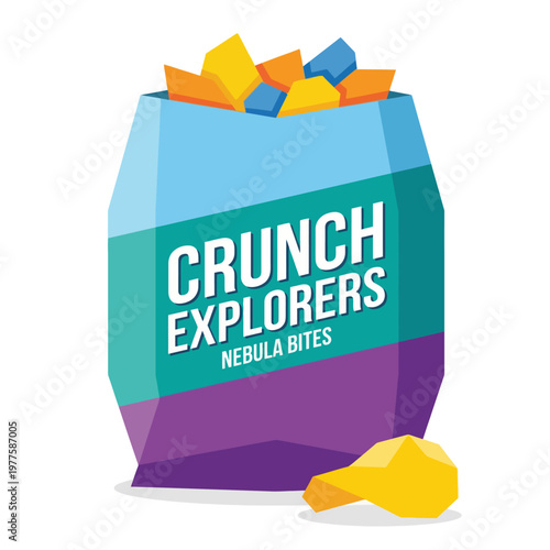 This vibrant bag labeled 'Nebula Bites' features bright, star-like snacks, perfect for explorers of tasty treats and cosmic experiences. A fun, eye-catching design for all ages.