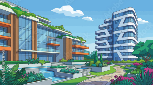 A modern architectural design showcasing two stylish buildings with lush greenery, vibrant flora, and a welcoming garden path that highlights urban aesthetics.