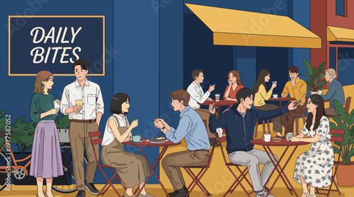 An inviting café scene illustrating people enjoying their time at small tables, creating a social atmosphere filled with relaxed interactions and delightful moments.