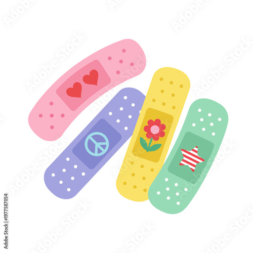 A playful assortment of colorful band-aids featuring various designs that showcase a fun approach to minor injuries, promoting healing with a cheerful aesthetic.