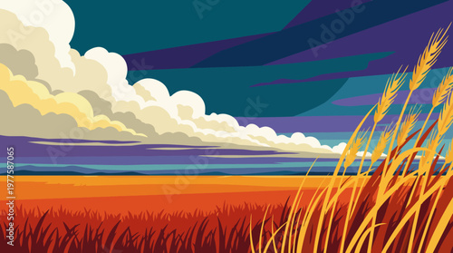An artistic depiction of a wheat field with vibrant colors and a richly layered sky. The scene embodies the beauty of nature and the essence of rural landscapes.
